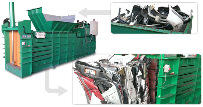 Zderzaki samochodowe, produkty elektroniczne - prasa do recyklingu dużych obiektów